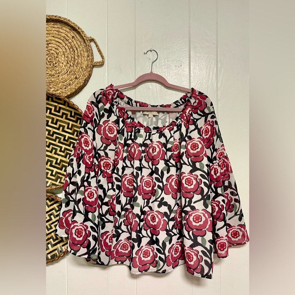 LOFT Ann Taylor L white Pink Floral Smocked Blouse Off Shoulder Lined